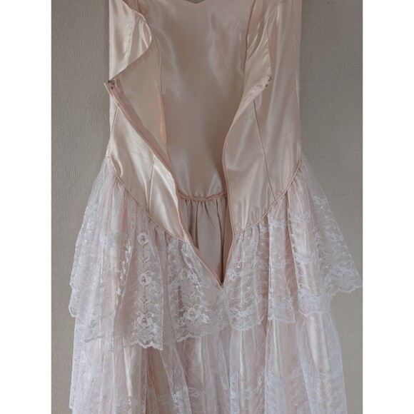 Vintage FLIRTATIONS 80s Prom Dress M Pink Satin Lace Strapless Union ILGWU USA - Picture 8 of 13
